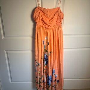 Anthropologie Coral Midi Dress with Blue Floral Hem in Large Petite